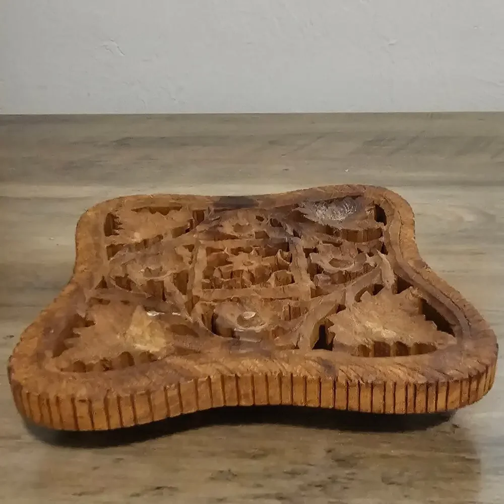 Vintage Hand Carved Wooden Trivet Indian Teak Hot Plate Boho Footed Wall Decor